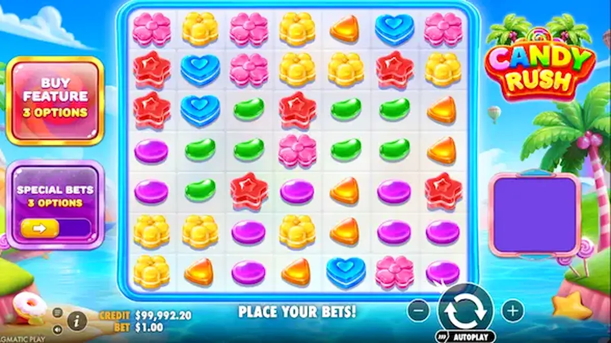 Tampilan visual ceria dan penuh warna dari slot Candy Rush dengan simbol permen.