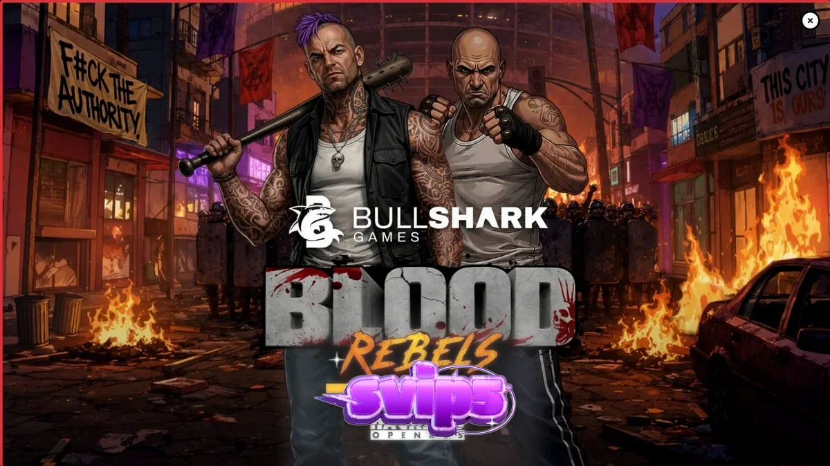 Tampilan visual slot Blood Rebels dengan latar belakang gang urban dan simbol bertema pemberontakan.